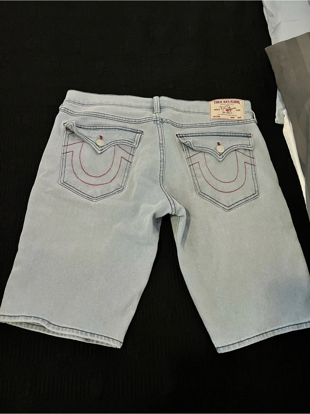 True Religion Light Blue Denim Shorts with Red Stitching